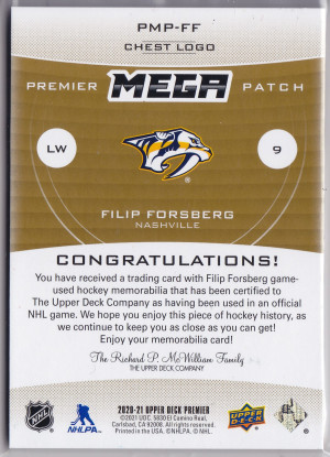 2020-21 UD Premier Mega Patch Chest Logo Filip Forsberg #PMP-FF /19 back